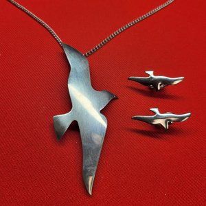 International Sterling Bird Seagull Pendant Brooch on Chain Necklace & Earring S